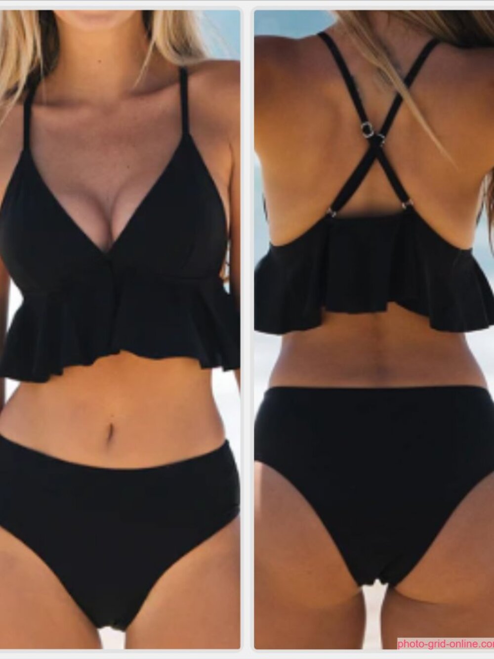 Black Ruffled Peplum Flounce Bikini Set Size Large High-Waisted Swimsuit